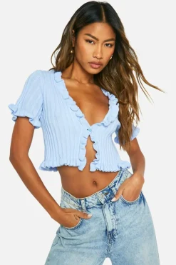 Cardigans*boohoo Lightweight Rib Knit Tie Front Top baby blue