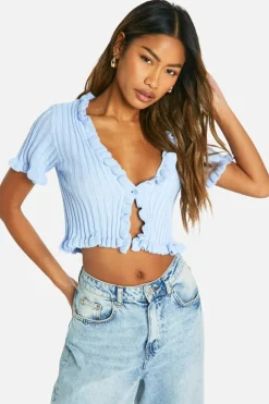Cardigans*boohoo Lightweight Rib Knit Tie Front Top baby blue