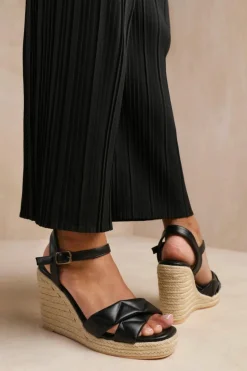 Sandals*Where's That From Lima' Wide Fit Padded Cross Over Strap Espadrille Wedges Black