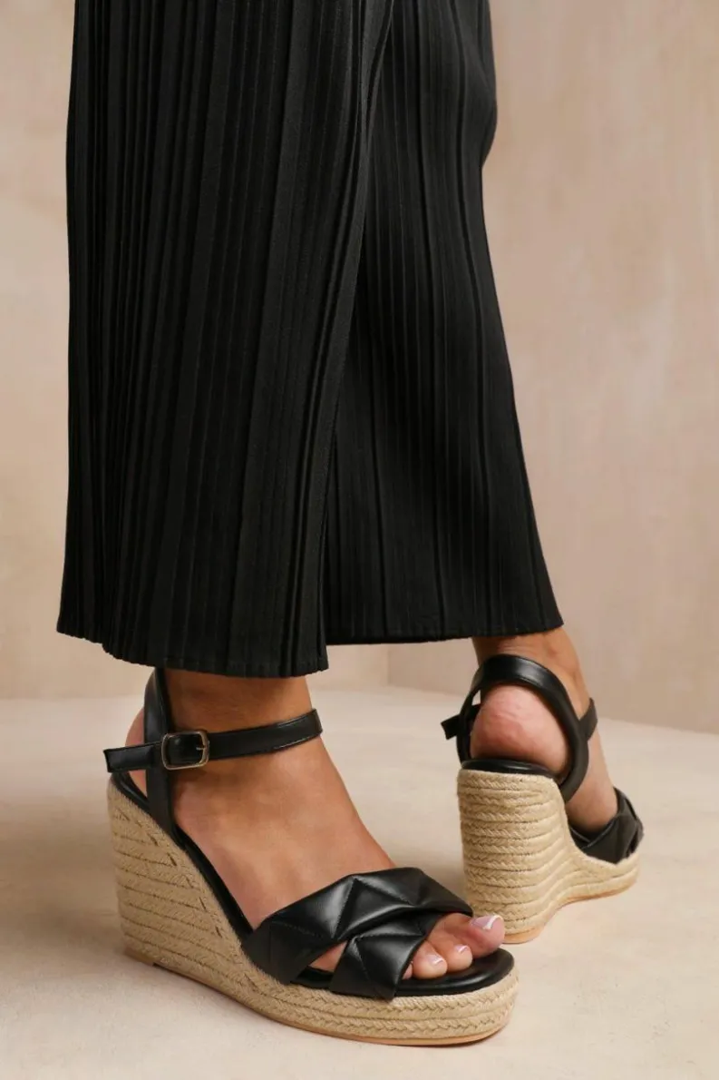 Sandals*Where's That From Lima' Wide Fit Padded Cross Over Strap Espadrille Wedges Black
