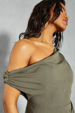 Wrap Dresses|Midi Dresses*MissPap Linen Look Asymmetric Off The Shoulder Wrap Midi Dress khaki