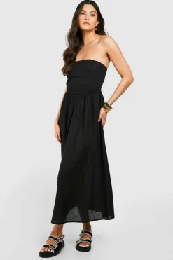 Skater Dresses*boohoo Linen Look Bandeau Midaxi Dress black