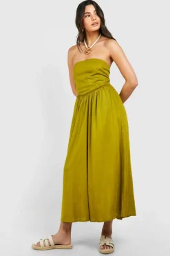Skater Dresses*boohoo Linen Look Bandeau Midaxi Dress khaki