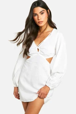 Skater Dresses*boohoo Linen Look Beaded Mini Dress ecru
