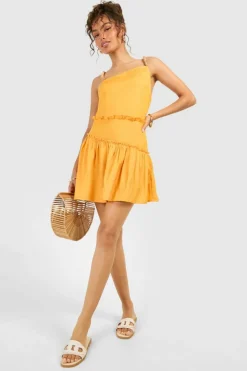 Skater Dresses*boohoo Linen Look Beaded Mini Dress orange