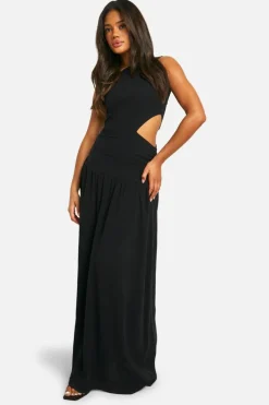 Cami Dresses*boohoo Linen Look Cold Shoulder Cut Out Midaxi Dress black