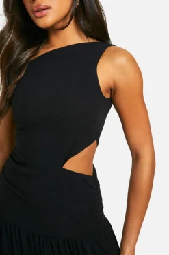 Cami Dresses*boohoo Linen Look Cold Shoulder Cut Out Midaxi Dress black