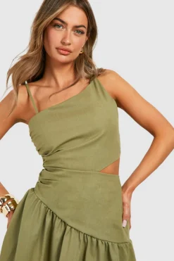 Skater Dresses*boohoo Linen Look Cut Out Asymmetric Midaxi Dress olive