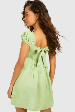 Bodycon Dresses*boohoo Linen Look Cut Out Puff Sleeve Mini Dress khaki