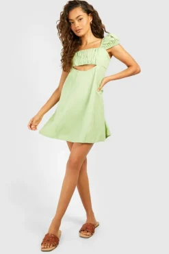 Bodycon Dresses*boohoo Linen Look Cut Out Puff Sleeve Mini Dress khaki