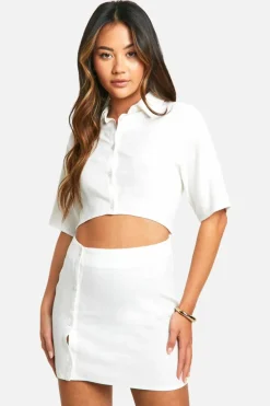 Shirt Dresses*boohoo Linen Look Cut Out Shirt Dress cream