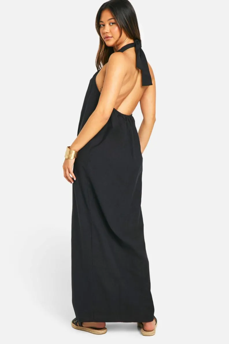 Smock Dresses*boohoo Linen Look Maxi Dress black