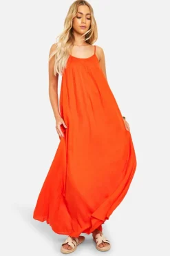 Smock Dresses*boohoo Linen Look Pleated Maxi Dress orange