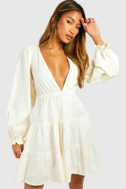 Skater Dresses*boohoo Linen Look Plunge Long Sleeve Tiered Mini Dress stone