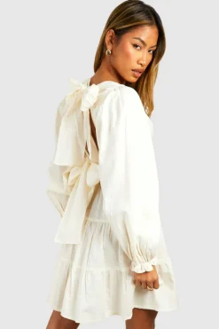 Skater Dresses*boohoo Linen Look Plunge Long Sleeve Tiered Mini Dress stone
