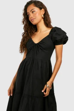 Smock Dresses|Maxi Dresses*boohoo Linen Look Puff Sleeve Maxi Dress black