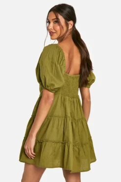 Smock Dresses*boohoo Linen Look Puff Sleeve Mini Dress khaki