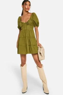 Smock Dresses*boohoo Linen Look Puff Sleeve Mini Dress khaki