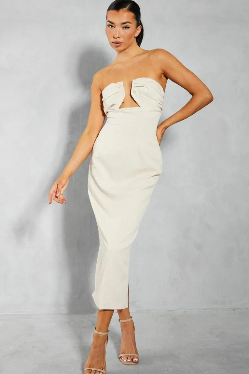 Midi Dresses*MissPap Linen Look Shaped Bust Midi Dress off white