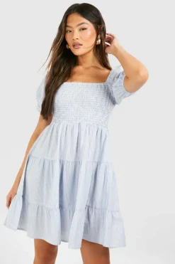 Smock Dresses*boohoo Linen Look Short Sleeve Mini Dress blue