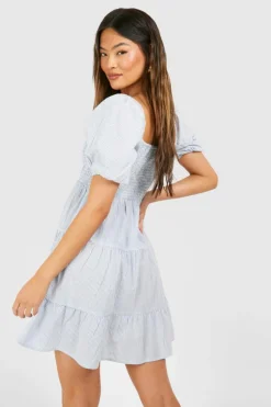 Smock Dresses*boohoo Linen Look Short Sleeve Mini Dress blue