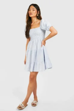 Smock Dresses*boohoo Linen Look Short Sleeve Mini Dress blue