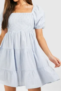 Smock Dresses*boohoo Linen Look Short Sleeve Mini Dress blue