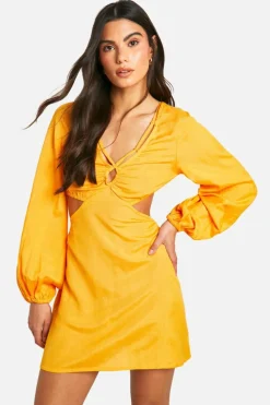 Skater Dresses*boohoo Linen Look Tie Back Mini Dress orange
