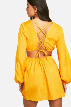 Skater Dresses*boohoo Linen Look Tie Back Mini Dress orange