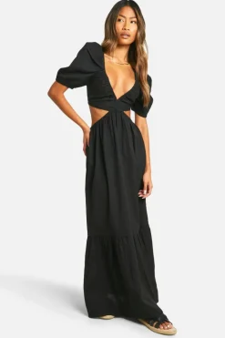 Smock Dresses*boohoo Linen Look Tie Back Puff Sleeve Maxi Dress black