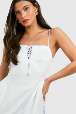 Skater Dresses|Bodycon Dresses*boohoo Linen Look Tie Front Milkmaid Midaxi Dress pale blue