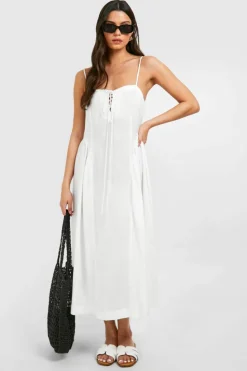 Bodycon Dresses|Skater Dresses*boohoo Linen Look Tie Front Milkmaid Midaxi Dress white