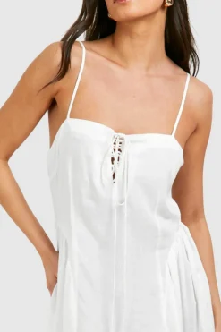 Bodycon Dresses|Skater Dresses*boohoo Linen Look Tie Front Milkmaid Midaxi Dress white