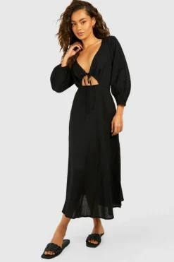 Skater Dresses|Bodycon Dresses*boohoo Linen Look Tie Front Puff Sleeve Midaxi Dress black