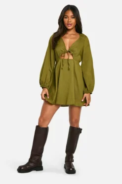 Skater Dresses*boohoo Linen Look Tie Front Puff Sleeve Mini Dress khaki