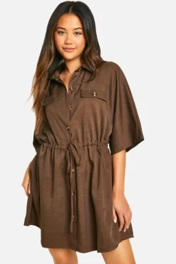 Shirt Dresses*boohoo Linen Look Utility Skater Shirt Dress chocolate