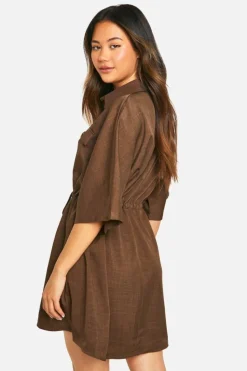 Shirt Dresses*boohoo Linen Look Utility Skater Shirt Dress chocolate