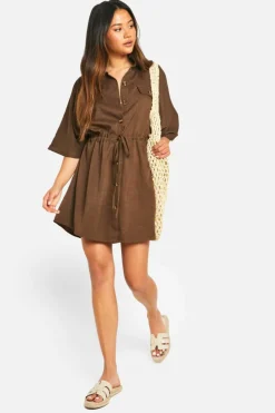 Shirt Dresses*boohoo Linen Look Utility Skater Shirt Dress chocolate