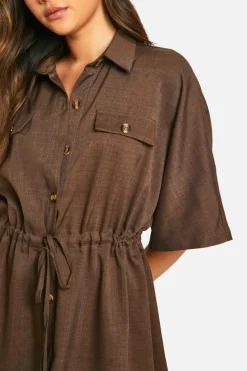 Shirt Dresses*boohoo Linen Look Utility Skater Shirt Dress chocolate