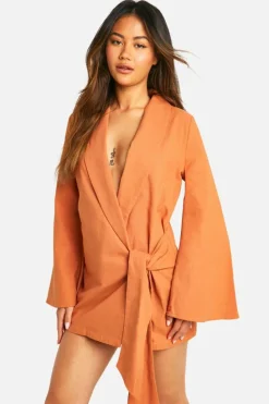 Shirt Dresses|Wrap Dresses*boohoo Linen Look Wrap Shirt Dress burnt orange