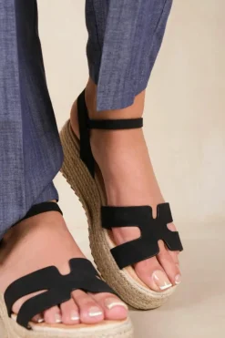 Sandals*Where's That From London' Espadrille Style Flatform With Ankle Strap Sandals Black