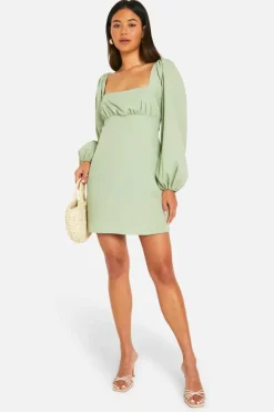 Smock Dresses*boohoo Long Puff Sleeve Mini Dress sage