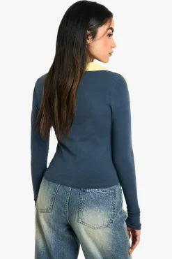 Long Sleeve Tops*boohoo Long Sleeve Collar Stripe Top navy