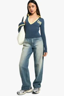 Long Sleeve Tops*boohoo Long Sleeve Collar Stripe Top navy