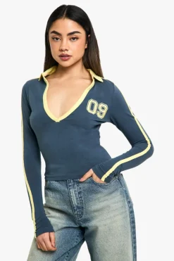 Long Sleeve Tops*boohoo Long Sleeve Collar Stripe Top navy