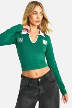 Long Sleeve Tops*boohoo Long Sleeve Collared Jersey Top dark green