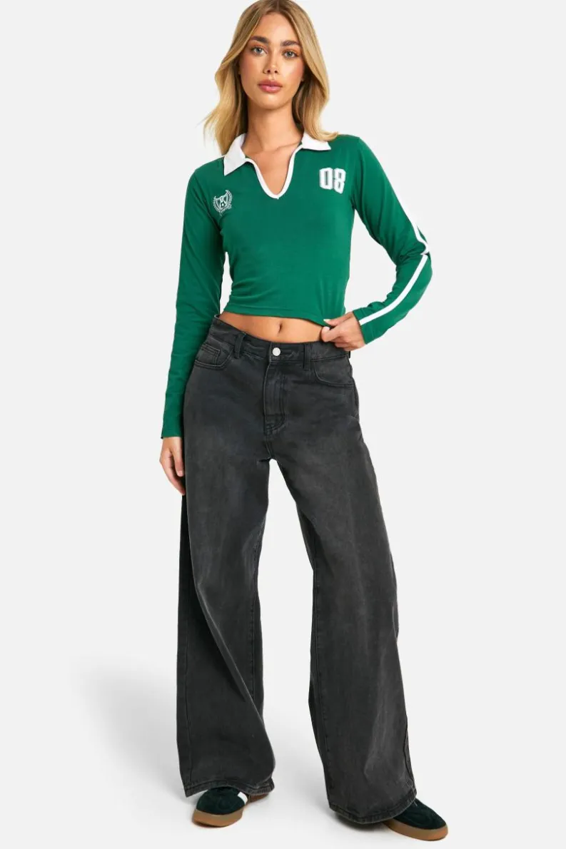 Long Sleeve Tops*boohoo Long Sleeve Collared Jersey Top dark green