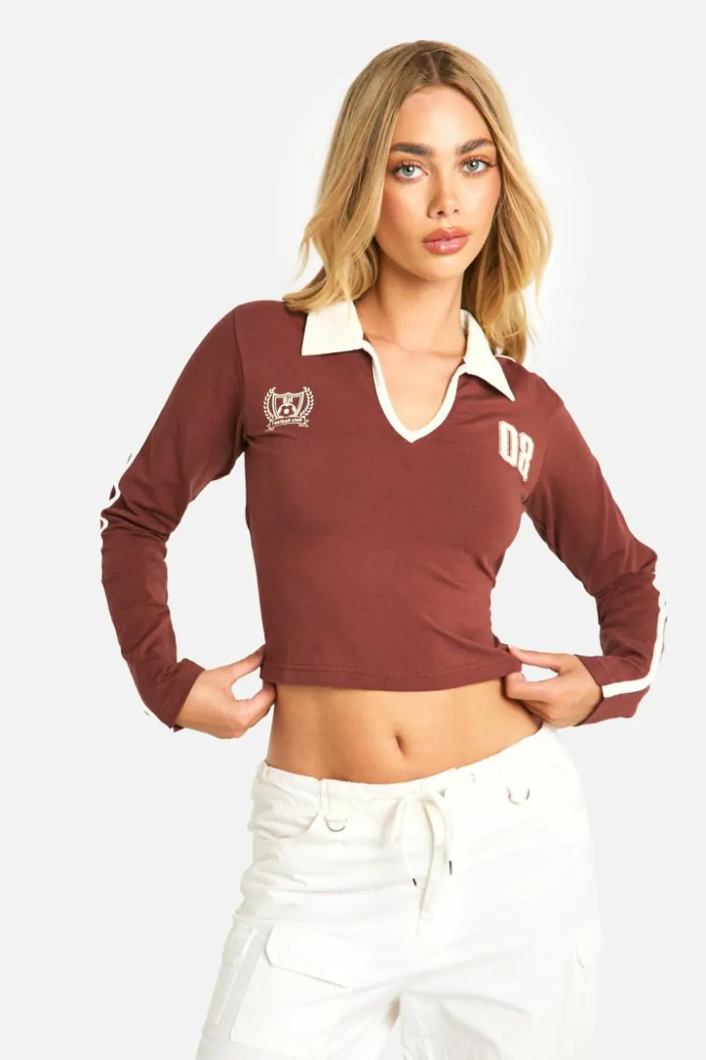 Long Sleeve Tops*boohoo Long Sleeve Collared Jersey Top burgundy