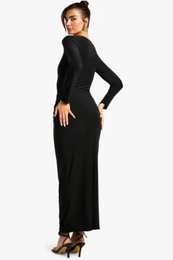 Maxi Dresses|Long Sleeve Dresses*boohoo Long Sleeve Drape Trim Maxi Dress black