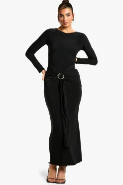 Maxi Dresses|Long Sleeve Dresses*boohoo Long Sleeve Drape Trim Maxi Dress black